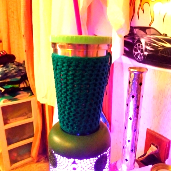 NEW Cup Cozie Sunny Days Crochet Holder 16oz - 18oz. Turquoise HANDCRAFTED - Picture 3 of 9